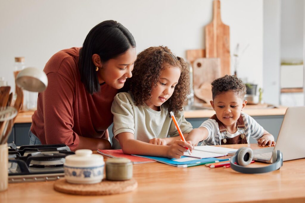 Homeschool, education and distance learning for children while mother, parent and woman helps son and daughter. Teaching, talking and bonding with kids doing home school, homework and learning test