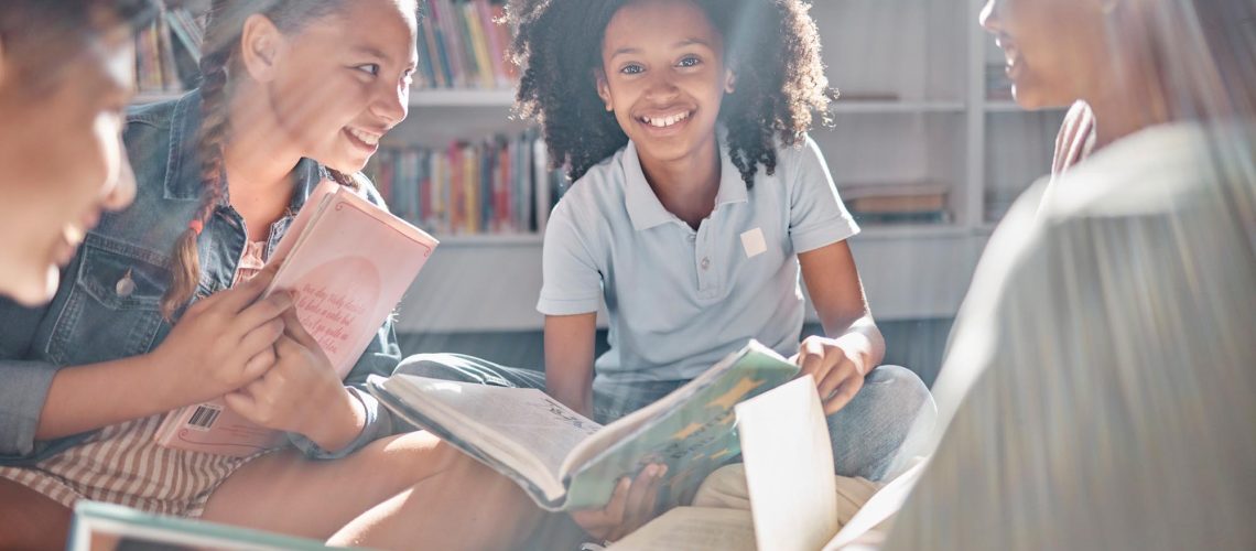 Books, storytelling or excited students reading in library for learning development or youth group growth. Smile, portrait or happy children with funny kids stories for education in school classroom.